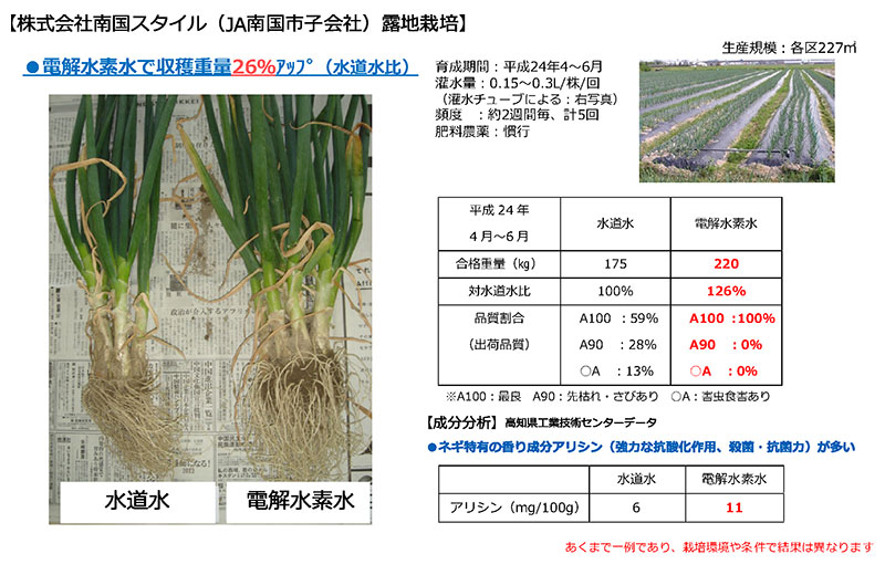 日本トリムの電解水素水で育てたネギの生育データ